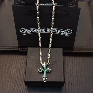 Chrome Hearts Silver Necklace with Green Cross Pendant